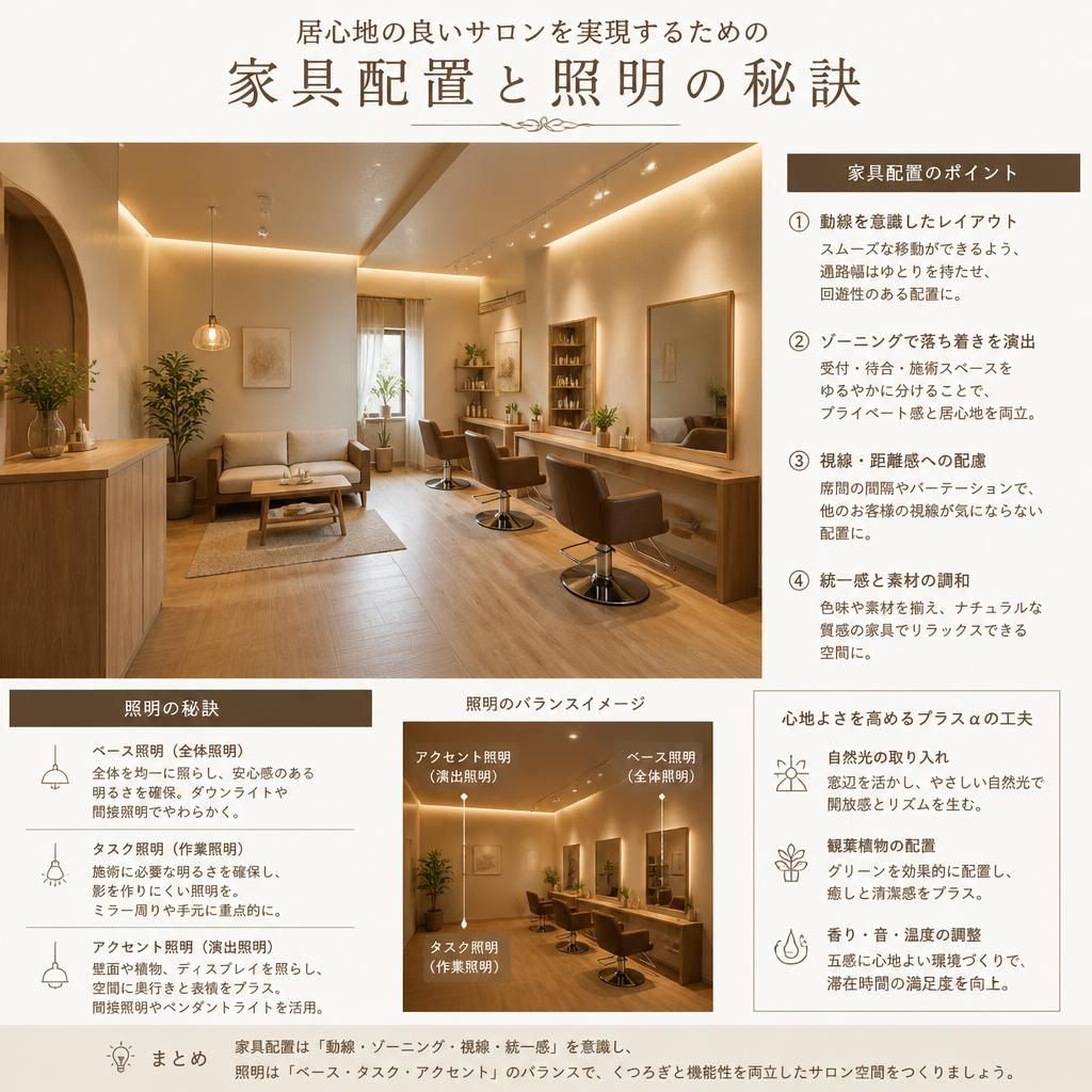 居心地の良いサロンを実現するための家具配置と照明の秘訣